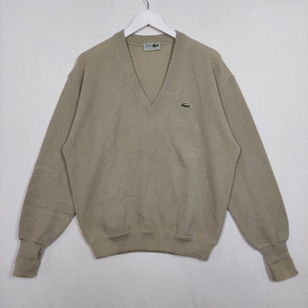 Vintage Chemise Lacoste V-Neck Sweater Tan Beige Spain Mens Size G Large